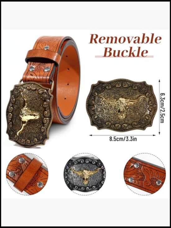 2-Pack Western Cowboy Belts PU Leather Gold Silver Buckle 28-41 Inch main image 6